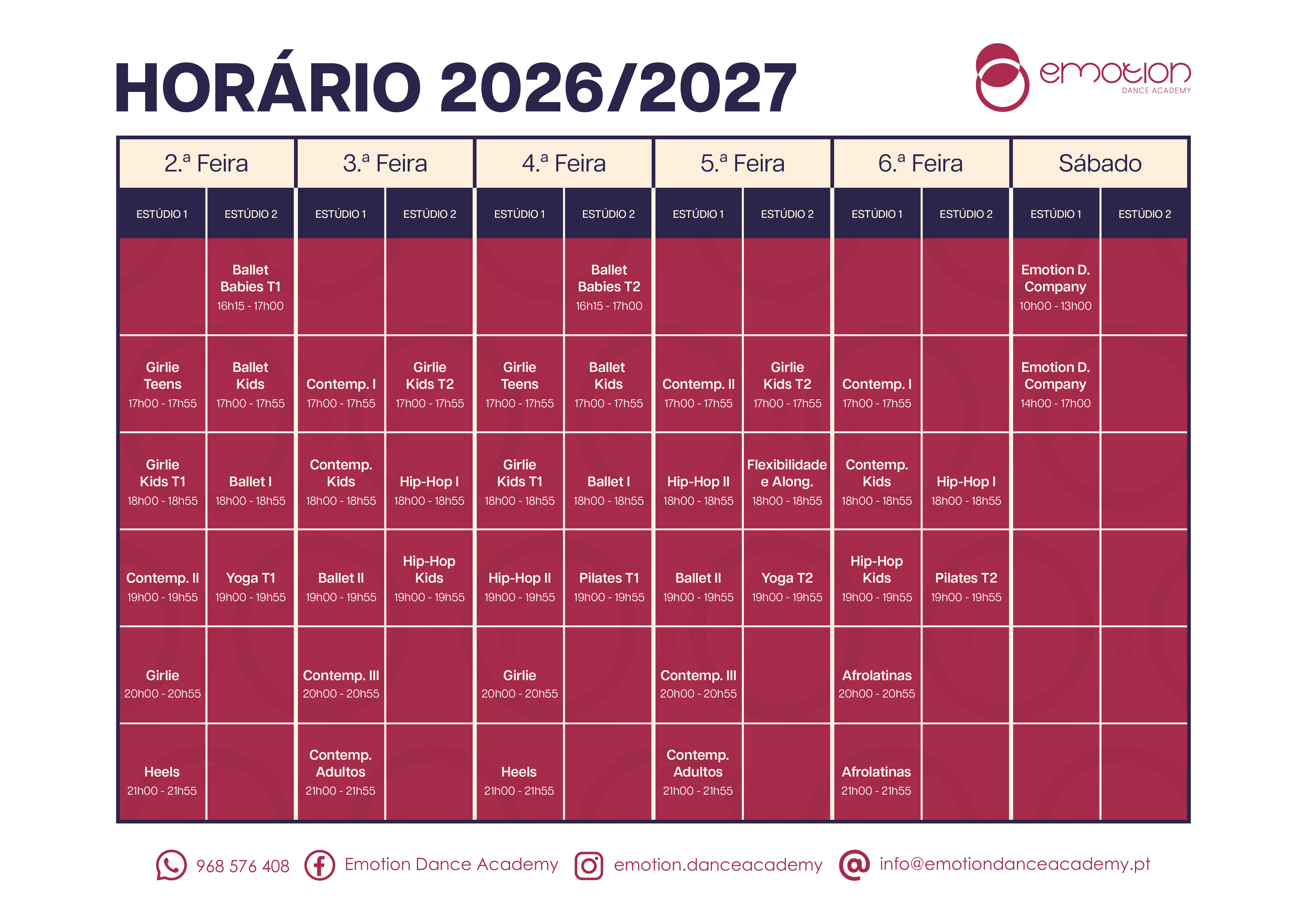 Horário das aulas